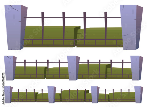 Three rows of cartoon fences encircle vibrant green hedges, complemented by sturdy stone posts. The fences are constructed with dark metal bars, creating a classic design.
