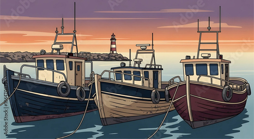 Tranquil harbor scene depicting three moored fishing boats silhouetted against a pastel sunset sky with a distant lighthouse lending a touch of maritime charm