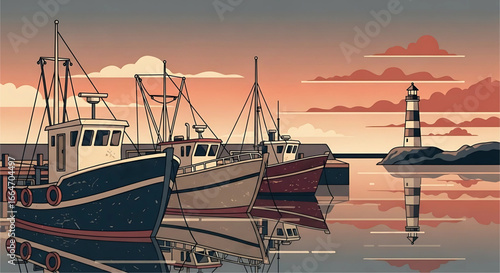 Peaceful Harbor Scene with Fishing Boats, a Striped Lighthouse, and Calm Waters Reflecting the Sunset Hues and Providing a Serene Coastal Ambiance