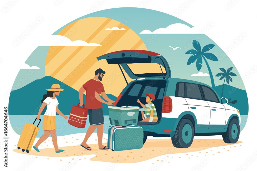 Fototapeta premium Family loading cooler for summer fun.