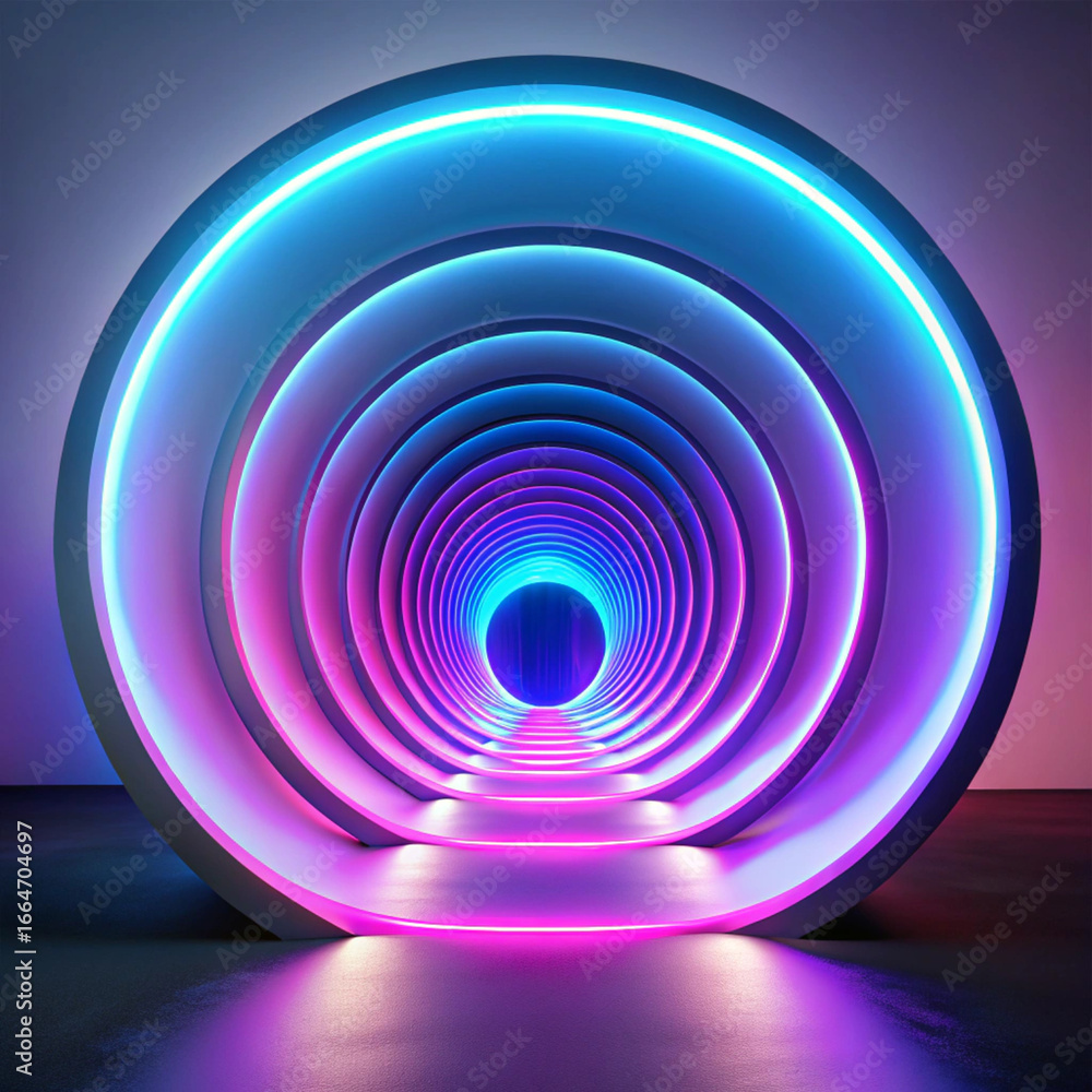 Obraz premium A mesmerizing tunnel of glowing neon rings in shades of blue, pink, and purple recedes into the distance