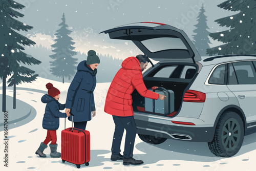 Family packing luggage into a car in winter.
