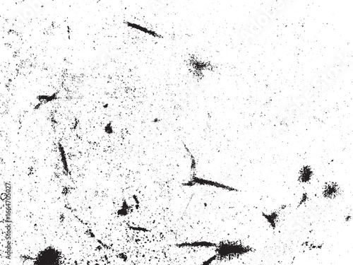 This image showcases a distressed texture, featuring a stark contrast between dark speckles, lines, and streaks scattered across a bright white background, adding depth.