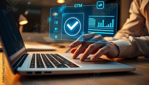 Person using laptop interacting with futuristic digital interface with graphs and icons technology data analysis