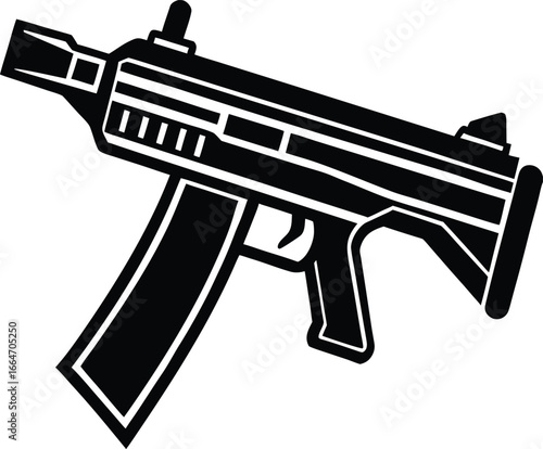 Illustration of a submachine gun with a magazine, a pistol grip, and a folding stock