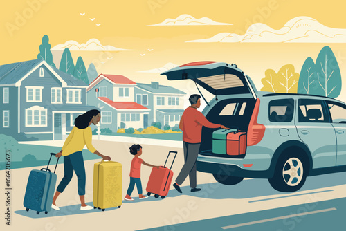 Family loads colorful suitcases into a SUV for vacation.