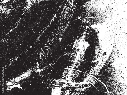 A high-contrast monochrome image displaying a raw, textured surface. Bold, gestural strokes intersect and blend creating depth. The scene evokes weathered urban backgrounds.