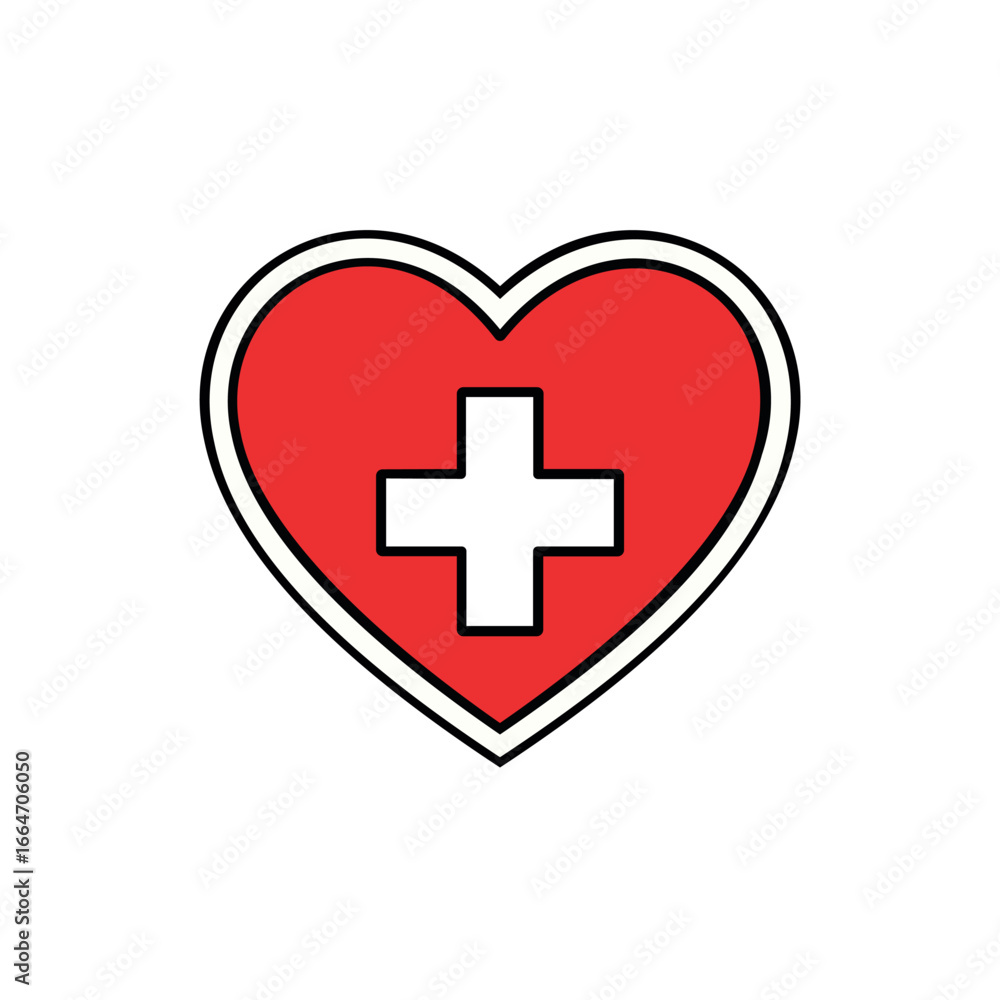 Red heart symbol with white cross inside representing health and medical care Red heart symbol with white cross inside representing health and medical care