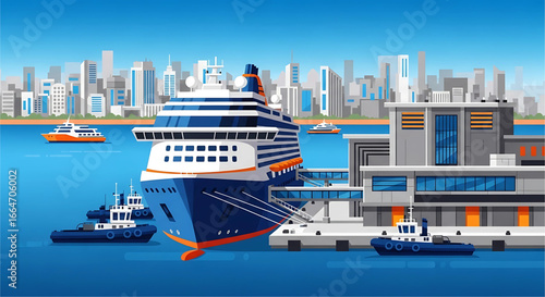 A majestic cruise ship docks at a modern port terminal with tugboats nearby showcasing a vibrant cityscape backdrop on a clear day in an illustrative style