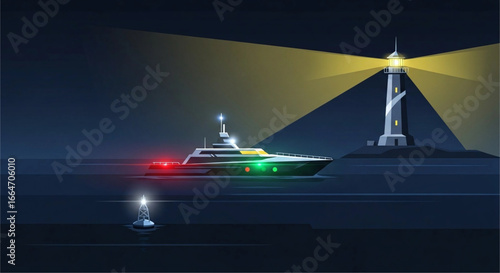 A vector illustration of a luxury yacht sailing near a brightly lit lighthouse at night on the dark sea creates a sense of maritime navigation and safety