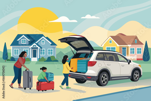 Family loading colorful suitcases into a van for a trip.