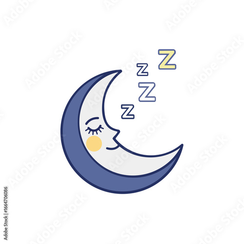 Whimsical crescent moon character sleeping peacefully with zzzs floating above