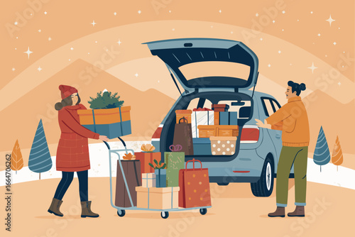 Family packing groceries and holiday gifts into car.