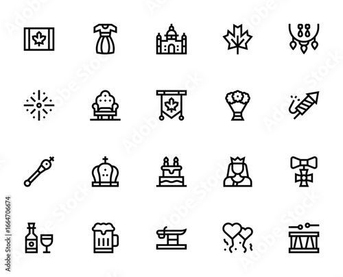 Victoria Day 2025 icon set. Canadian holiday vector collection. Includes symbols for Canada, maple leaf, crown, fireworks, queen, royal, birthday cake, drum, balloons and more.