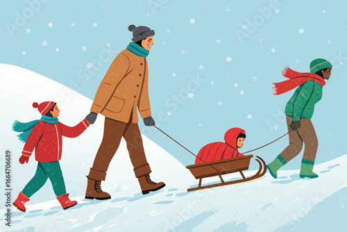 Family joyfully pulls children on a sled through snowy winter landscape.