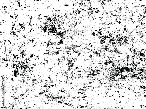 A high-contrast black and white image featuring a distressed texture. Splatters, spots, and scratches create a dynamic and grungy overlay effect. Suitable for digital design.