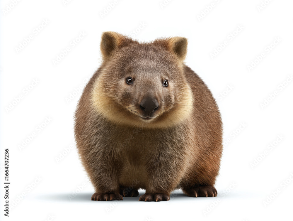 Fototapeta premium Cute, fluffy wombat standing on a soft surface, showcasing its round body and expressive face, embodying the charm of wildlife in a natural setting