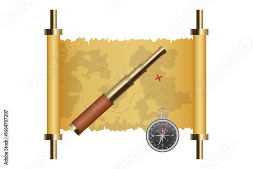 A vintage-style scene featuring a rolled map, telescope, and compass, evoking a sense of adventure and exploration. The items suggest a journey to uncover hidden treasures.