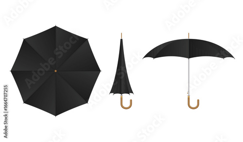 This image showcases a black umbrella in three different states. From above, the umbrella is a symmetrical circle, collapsed with a curved handle, and fully opened.