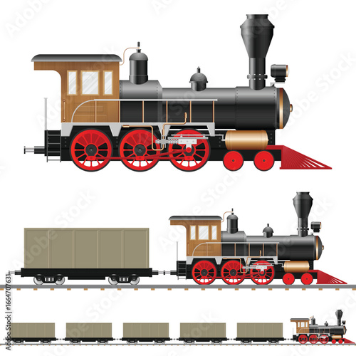 A detailed illustration showcases a vintage-style locomotive train, complete with a passenger car and additional rail cars, set against a clean white background.