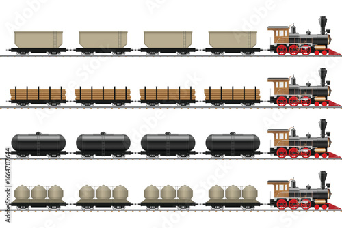 A collection of four vintage-style trains with varying freight including hoppers, lumber, tanks, and silo containers, set against a plain white background.