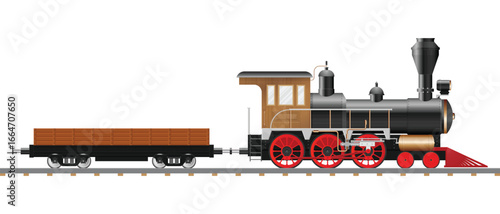 A vintage steam engine train is on the tracks with a flatbed car and red wheels. The background is solid white, no people, objects, or brand names are visible.