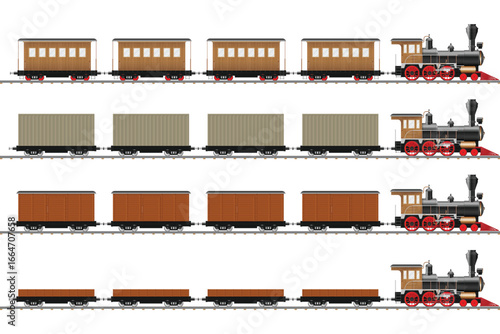 A collection of four train sets, each featuring a vintage steam locomotive paired with different types of train cars, including passenger, freight, and flat cars, on rails.
