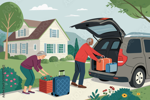 Family and grandparents loading bags into vehicle.