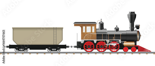 Illustrated vintage steam train pulling a coal car along railroad tracks against a clean white background. Depicts historical transportation technology in detailed drawing.