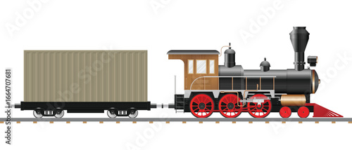 A vintage steam engine pulls a cargo car along train tracks, rendered with detailed artistry. The locomotive is predominantly black with red wheels. The cargo container beige.
