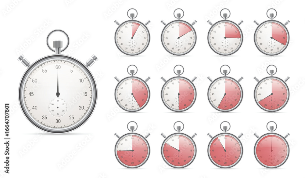 Naklejka premium A group of stopwatches on a white background show different intervals. Each timer has a metallic finish and varies in elapsed time, demonstrating time passing.