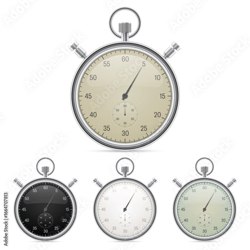 A collection of four different colored analog stopwatches used for time measurement against a clean white background. The stopwatches feature a metallic finish.