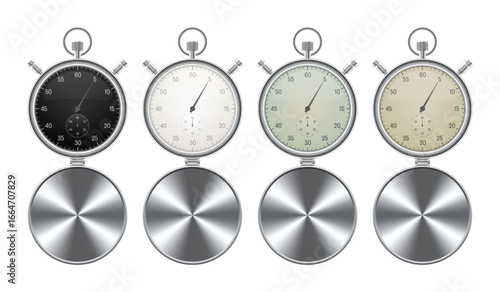 A set of four analog stopwatches with varying face colors displayed against a white background, each featuring a metallic finish for accurate timekeeping.