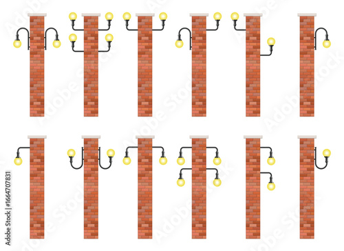 A collection of brick pillars, each adorned with one or two spherical lights. The pillars vary in light placement, creating a rhythmic sequence, set against a blank background.