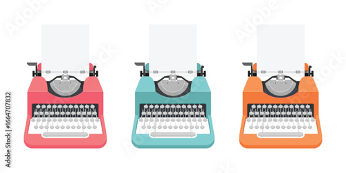 An illustration shows three retro typewriters in coral, teal, and orange hues, each with a sheet of white paper, on a white background, exuding a vintage flair.