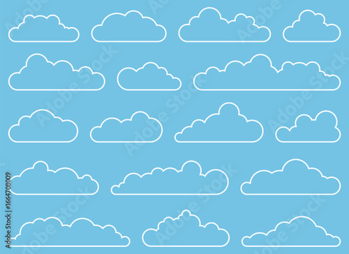 An illustration of a blue sky with fifteen scattered white clouds, each outlined. The cartoonish clouds are set against a light blue background, creating a simple yet airy design.