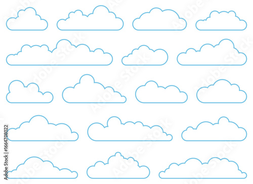 A collection of simple cloud illustrations are presented on a plain white background. The clouds appear like vector graphics, which are weather forecast icons.