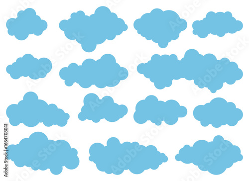 Twelve light blue fluffy cloud shapes are scattered on a plain white background. These simple cloud cutouts are isolated and have varying shapes and sizes.