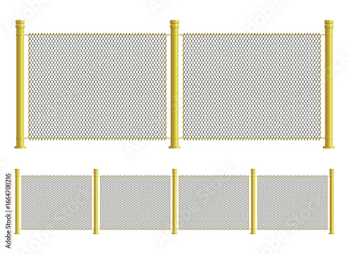 Illustration of a fence. The fence is made of metal mesh attached to round yellow posts. The background is a solid white color. The fence is meant for security.
