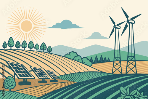 Farmer field with solar irrigation panels and wind turbine.