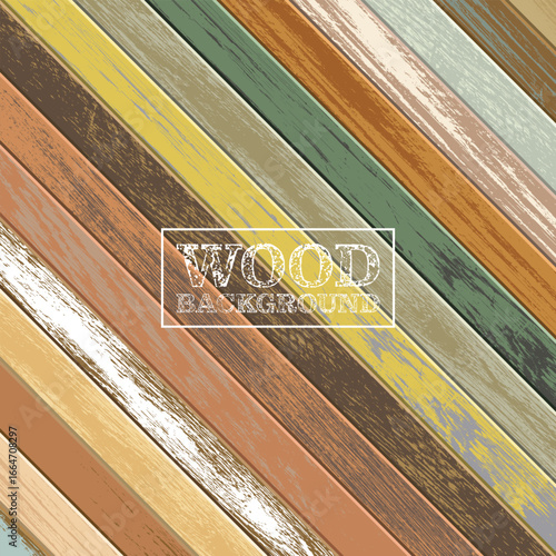 A diagonally arranged, colorful wood panel background. The weathered wood has various tones, including brown, yellow, green, and orange, creating a rustic and textured surface.