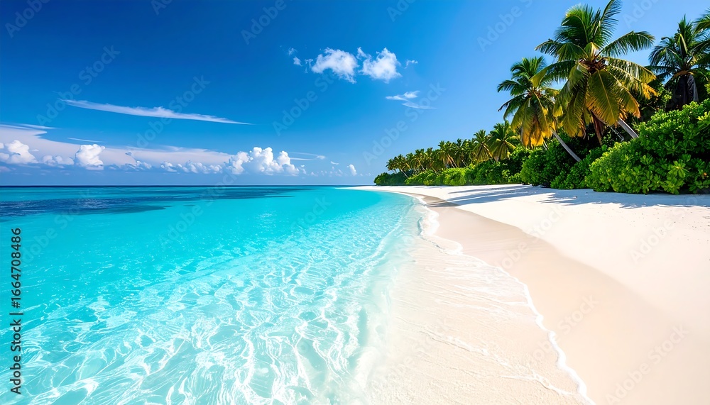 Fototapeta premium Tropical Paradise Beach Scene with Turquoise Water and Palm Trees.