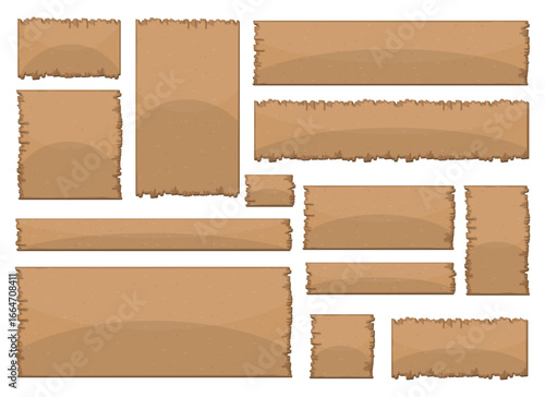 An assortment of brown cardboard pieces in varying sizes and shapes. Each piece features rough, tattered edges, suggesting they have been torn or worn. Laid against white. 