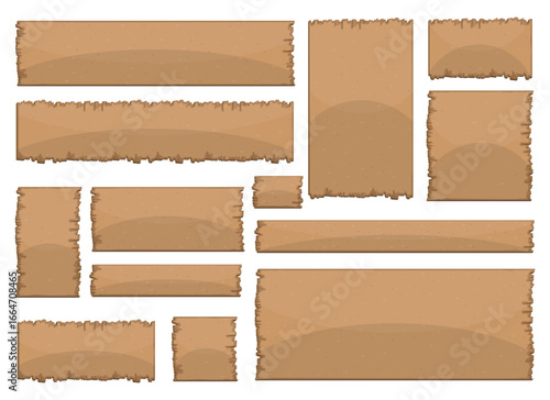A collection of irregularly shaped, rough-edged paper pieces are displayed against a white backdrop. The paper, of a brown color, is showcased in different sizes and orientations.