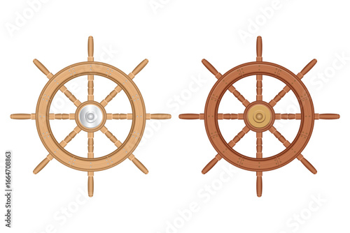 Two classic ship steering wheels are displayed. One is a lighter color, and the other one is a darker color. They are both made of wood and have the handles.