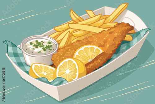 Crispy fish and chips in a paper tray with lemon wedge.