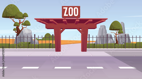 A cartoon depiction of the main entrance to a zoo on a sunny day.  The entrance has a large sign on top that reads "ZOO". The pathway leads to the exhibits.