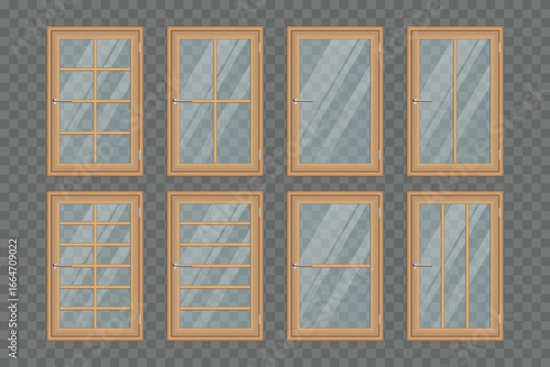 An array of eight wooden window frames, each fitted with clear glass panels and silver handles, display unique grid patterns against a transparent backdrop. 
