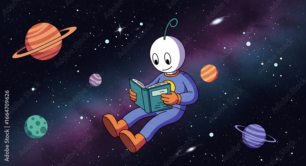 Naklejka premium Cute Cartoon Astronaut Reading Book in Outer Space with Colorful Planets and Stars