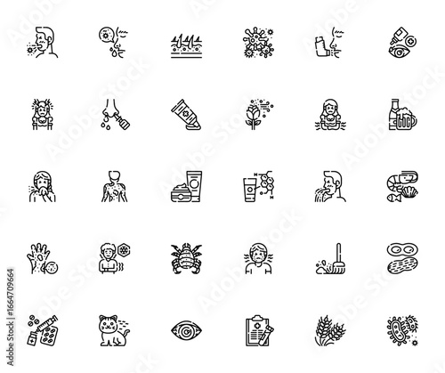 Allergies icon set. Medical vector illustrations. Includes symbols for sneeze, mucus, skin, virus, inhaler, eye drops, headache, nasal, and more. Editable stroke.